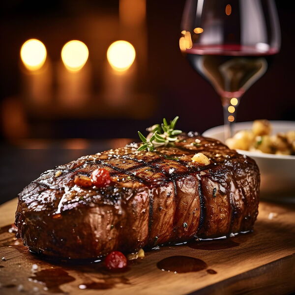 Leckeres Steak mit einem Glas Wein